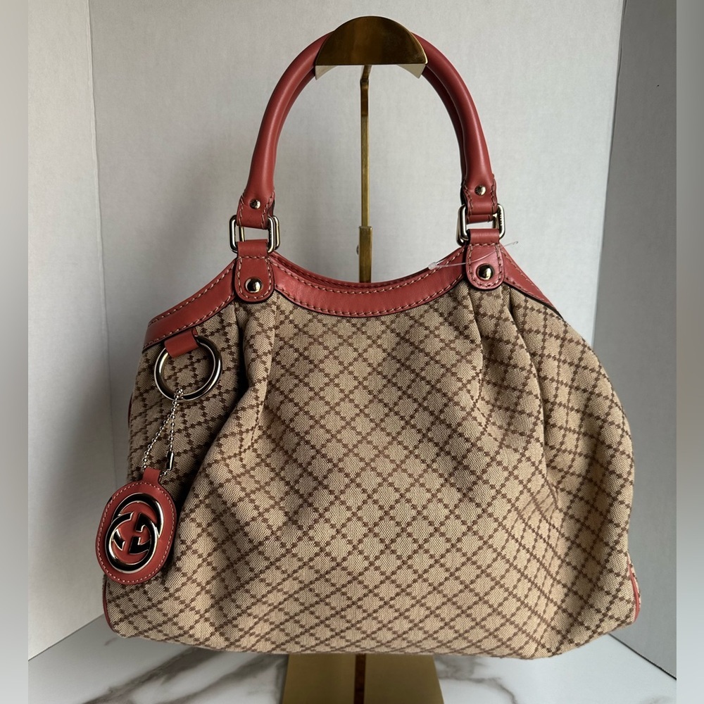 Authentic Gucci Diamante Sukey Canvas Tote Bag Brown